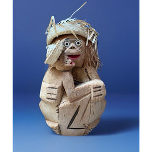 Vintage Hand Carved Coconut Monkey Mom & Baby Straw Hats 12" Tiki Coin Bank